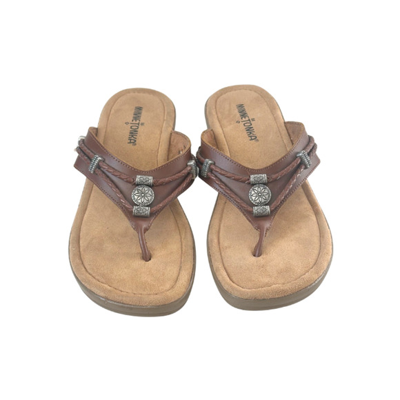 Minnetonka Silverthorne Thong Sandals Flip Flops Leather Whiskey Brown Women’s 8 - Picture 2 of 7